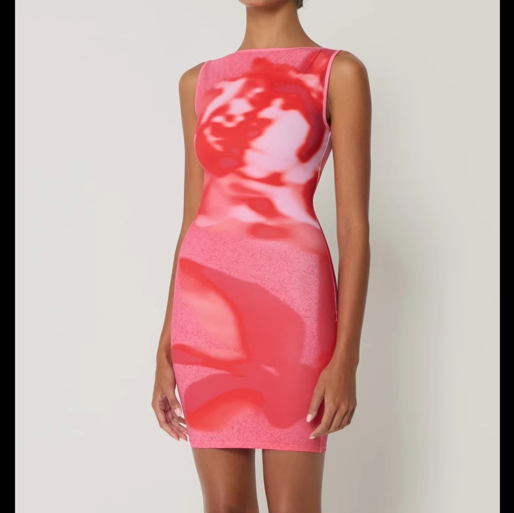 O-Neck Sleeveless Print Mini Dress Sexy Vintage Slim Outfit Party - Picture 6 of 8
